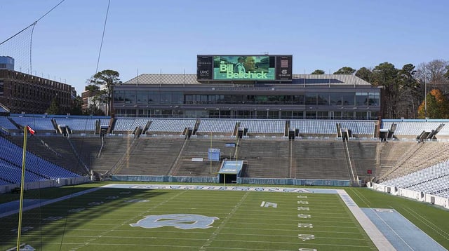 Dec 12, 2024; Chapel Hill, NC, USA; Monitors with signage in Kenan Stadium announcing the hiring of North Carolina Tar Heels new head coach Bill Belichick at Loudermilk Center for Excellence. Mandatory Credit: Jim Dedmon-Imagn Images