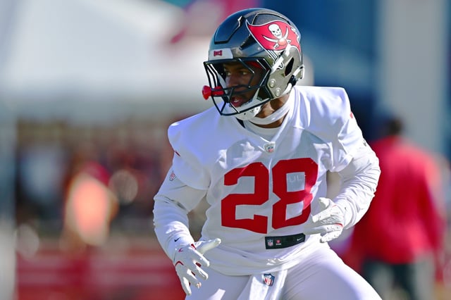 Shilo Sanders #28 of the Tampa Bay Buccaneers works out during the 2025 Tampa Bay Buccaneers Training Camp at AdventHealth Training Center on July 24, 2025 in Tampa, Florida.