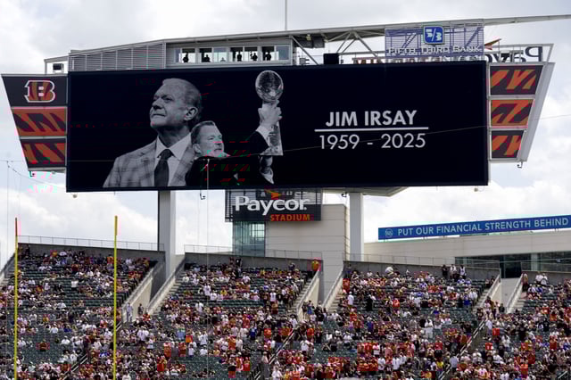Aug 23, 2025; Cincinnati, Ohio, USA; A tribute to the late Indianapolis Colts owner Jim Irsay is shown on the screen prior to game between the Indianapolis Colts and the Cincinnati Bengals at Paycor Stadium. Mandatory Credit: Christine Tannous-USAToday via Imagn Images/File Photo
