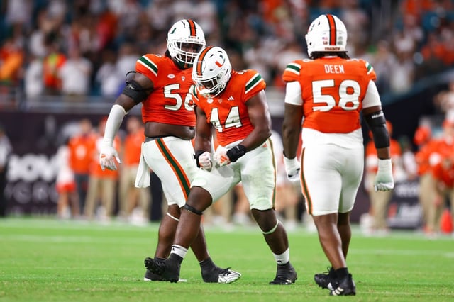 Hurricanes star Rueben Bain (44), shown celebrating after a play during Miami’s win over Clemson on Oct. 21, 2023, leads the Hurricane’s defensive line into a tough battle with Notre Dame. (Photo by Megan Briggs/Getty Images)