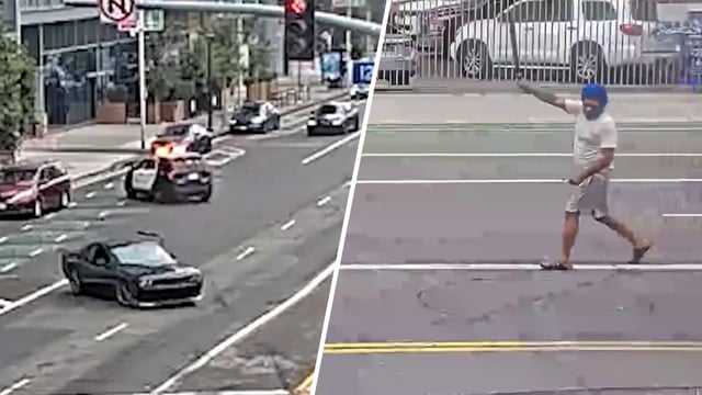 Video shows a confrontation between police and a man with a machete July 13, 2025 in downtown Los Angeles.
