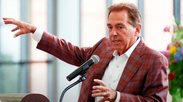 Aug. 5, 2025; Tuscaloosa, AL, USA; Nick Saban speaks during the Nick’s Kids Foundation Luncheon at Bryant-Denny Stadium.

Gary Cosby Jr. / USA TODAY NETWORK via Imagn Images