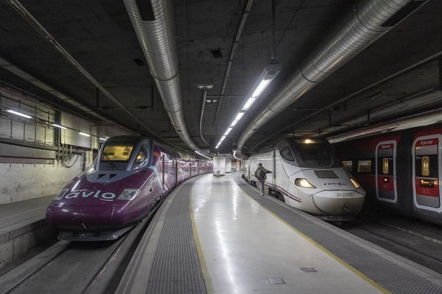 Un tren de alta velocidad de Ave, Avlo e Iryo en la Estació de Sants.