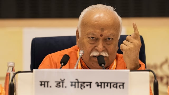 Rashtriya Swayamsevak Sangh (RSS) chief Mohan Bhagwat speaks on the third day of 'Vyakhyanmala' event, organised to mark the centenary year of RSS, in New Delhi, Thursday, Aug. 28, 2025.