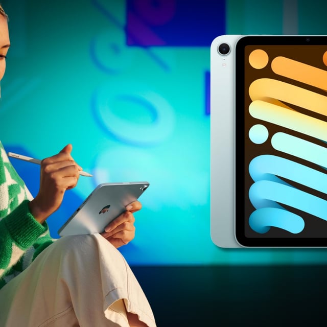 A person using an iPad Mini imposed over a colorful background.