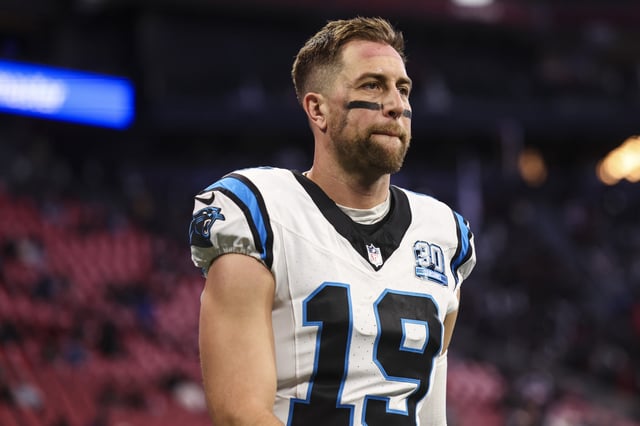 Adam Thielen #19 of the Carolina Panthers looks on from the field during warmups prior to an NFL football game against the Atlanta Falcons at Mercedes-Benz Stadium on January 5, 2025 in Atlanta, Georgia.