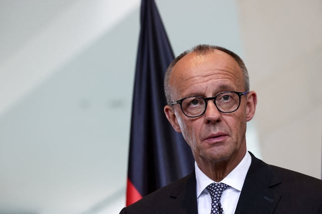 German Chancellor Friedrich Merz attends a press conference with Jordan's King Abdullah (not pictured) at the Chancellery in Berlin, Germany, July 29, 2025. REUTERS/Nadja Wohlleben/File Photo