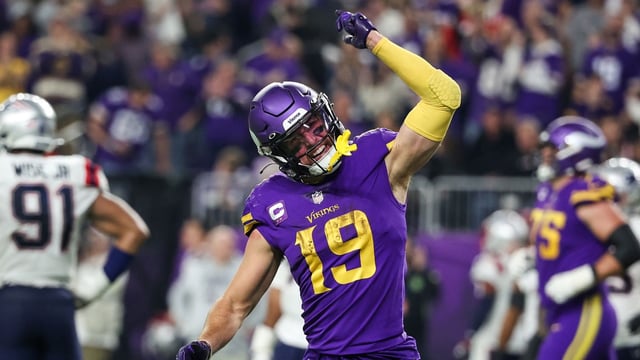 Nov 24, 2022; Minneapolis, Minnesota, USA; Minnesota Vikings wide receiver Adam Thielen (19) celebrates his touchdown against the New England Patriots during the fourth quarter at U.S. Bank Stadium. Mandatory Credit: Matt Krohn-Imagn Images