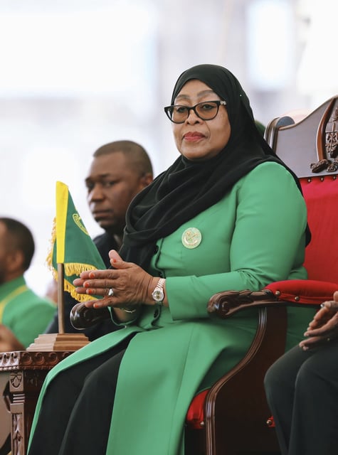 Tanzania's President Samia Suluhu Hassan, the presidential candidate of the ruling Chama Cha Mapinduzi (CCM) party, looks on during the launch of the party's campaign for the upcoming general elections, at Tanganyika Packers grounds in Dar es Salaam, Tanzania, Thursday, Aug. 28, 2025. (AP Photo/Steven Genya)