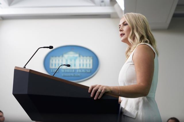 White House Press Secretary Karoline Leavitt holds a press briefing in the James Brady Press Briefing Room of the White House in Washington, DC on Tuesday August 19, 2025.