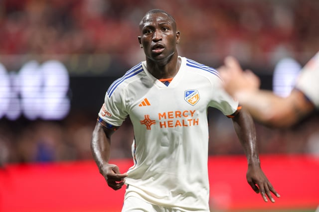 May 25, 2025; Atlanta, Georgia, USA; FC Cincinnati forward Kevin Denkey (9) in action against Atlanta United in the first half at Mercedes-Benz Stadium. Mandatory Credit: Brett Davis-Imagn Images/File Photo