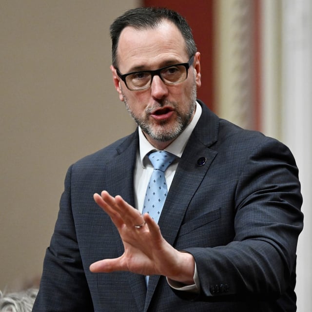 Quebec Secularism Minister Jean-François Roberge responds to the Opposition during question period at the legislature in Quebec City, Tuesday, April 8, 2025. THE CANADIAN PRESS/Jacques Boissinot
