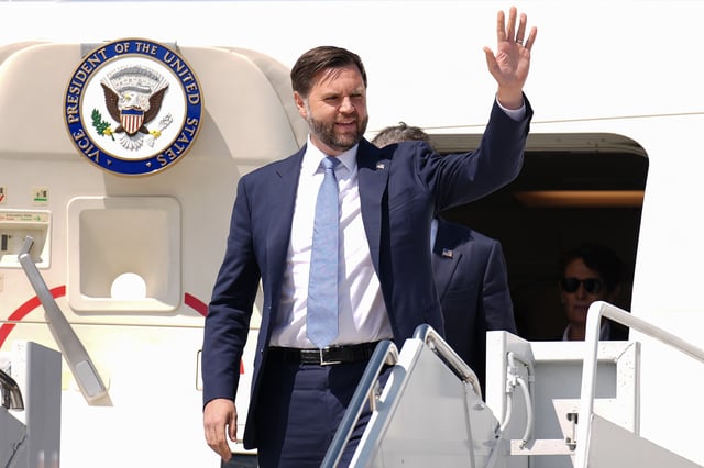 U.S. Vice President J.D. Vance arrives at La Crosse Regional Airport before an event at Mid-City Steel on August 28, 2025 in La Crosse, Wisconsin.