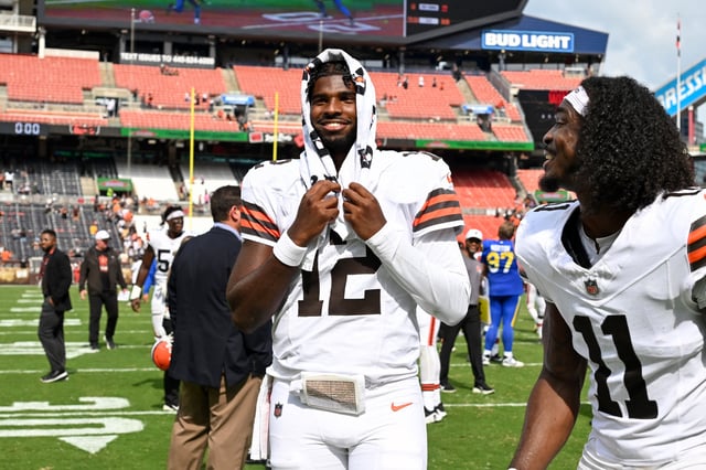 Shedeur Sanders #12 of the Cleveland Browns walks off the field after the team's 17-16 win over the Los Angeles Rams in an NFL Preseason 2025 game at Huntington Bank Field on August 23, 2025 in Cleveland, Ohio.