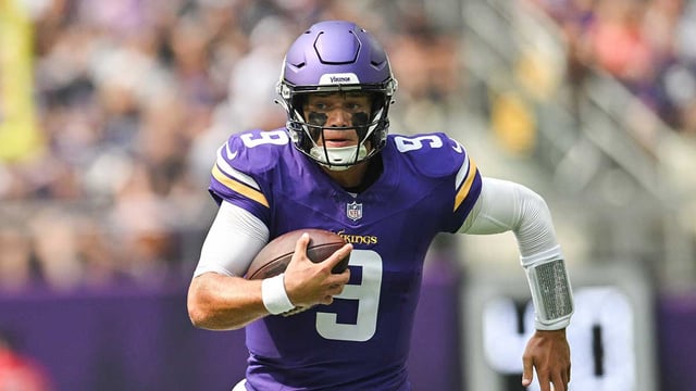Aug 9, 2025; Minneapolis, Minnesota, USA; Minnesota Vikings quarterback J.J. McCarthy (9) scrambles for a gain against the Houston Texans during the first quarter at U.S. Bank Stadium. Mandatory Credit: Jeffrey Becker-Imagn Images