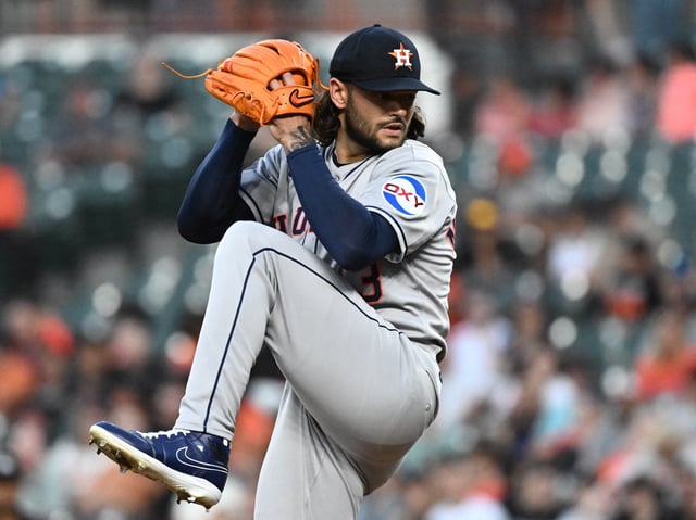 Aug 22, 2025; Baltimore, Maryland, USA;  Houston Astros pitcher Lance McCullers Jr. (43) delivers a pitch during the second inning against the Baltimore Orioles at Oriole Park at Camden Yards. Mandatory Credit: James A. Pittman-Imagn Images/File Photo