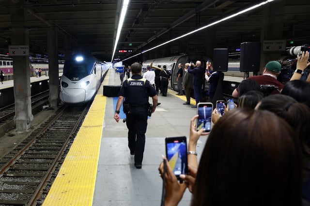 Amtrak’s new NextGen Acela train pulls into Boston’s South Station on Wednesday, Aug. 27, 2025. 
