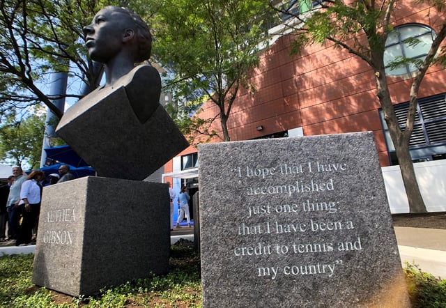 A statue honoring African American tennis icon Althea Gibson, who helped integrate the sport, at the Billie Jean King National Tennis Center, in Flushing Meadows, New York, U.S., August 26, 2019.  REUTERS/Arlyn Gajilan/File Photo