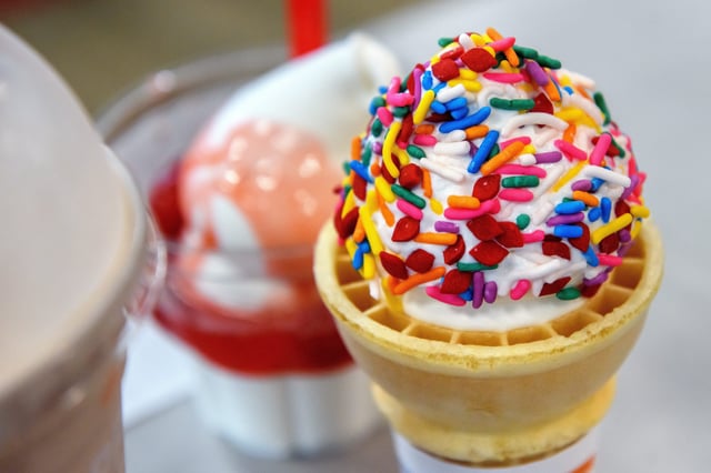 An ice cream cone covered in sprinkles at Dairy Queen in Morton, Illinois.