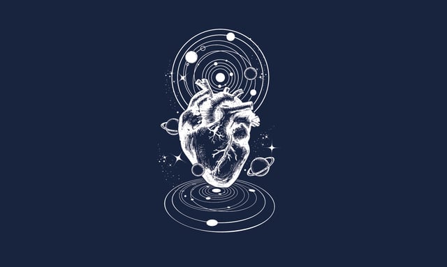 Illustration of an anatomical heart with planets circling around it. Credit: intueri / Shutterstock.