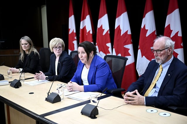 Justice Lise Maisonneuve, who will lead the Future of Sport in Canada Commission, participates in a news conference with Minister of Sport and Physical Activity Carla Qualtrough, second from left, and special advisers Noni Classen, left, and Dr. Andrew Pipe, at the National Press Theatre in Ottawa, on Thursday, May 9, 2024. THE CANADIAN PRESS/Justin Tang