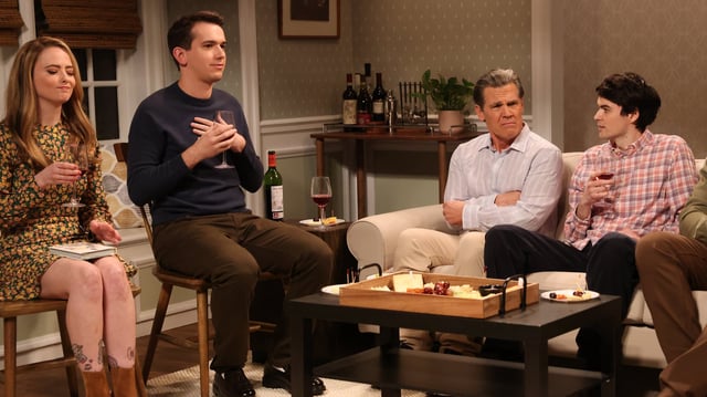 Sarah Sherman, Andrew Dismukes , Josh Brolin, Michael Longfellow, and Devon Walker during the "Wine and Cheese Night' skit on Saturday, March 9, 2024.