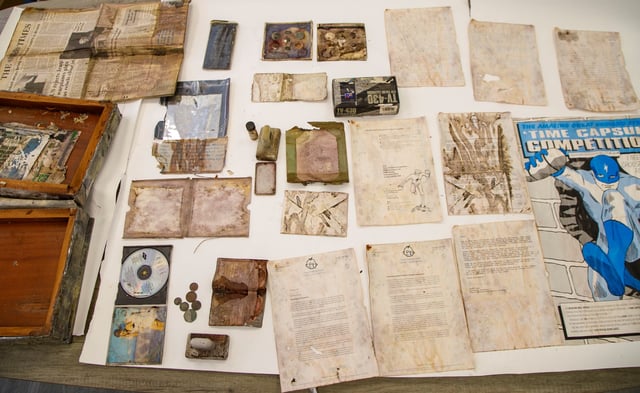 Items from a 1991 time capsule at a children's hospital in London.