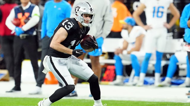 Dec 14, 2023; Paradise, Nevada, USA; Las Vegas Raiders wide receiver Hunter Renfrow (13) runs against the Los Angeles Chargers in the first quarter at Allegiant Stadium. Mandatory Credit: Stephen R. Sylvanie-Imagn Images