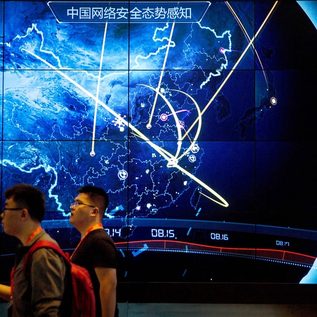 An electronic display showing cyberattacks in China at the China Internet Security Conference in Beijing, in 2017.