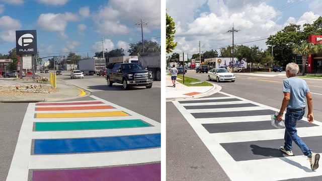 This pairing of images shows, at left, a rainbow crosswalk outside the Pulse nightclub in Orlando, Florida, in 2017, and the same crosswalk with the rainbow paint removed on August 21, 2025.