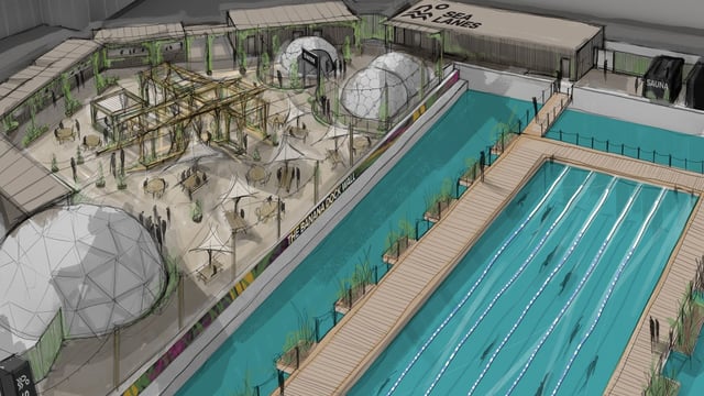 The Canary Wharf plans show a “floating, natural water” pool with saunas, a clubhouse and a restaurant