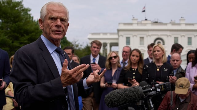 White House trade counselor Peter Navarro speaks with reporters at the White House, Thursday, May 29, 2025, in Washington. (AP Photo/Evan Vucci)