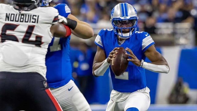 Aug 23, 2025; Detroit, Michigan, USA; Detroit Lions quarterback Hendon Hooker (2) looks to pass the ball against the Houston Texans during the second half at Ford Field. Mandatory Credit: David Reginek-Imagn Images