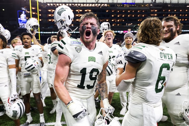 Kadin Schmitz #19 of the Ohio Bobcats reacts after the Bobcats defeated Miami of Ohio Redhawks, 38-3, at Ford Field on December 07, 2024 in Detroit, Michigan.