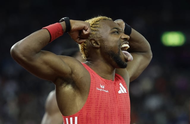 Athletics - Diamond League - Final - Zurich - Letzigrund, Zurich, Switzerland - August 28, 2025 Noah Lyles of the U.S. celebrates after winning the Men's 200m Final REUTERS/Stefan Wermuth