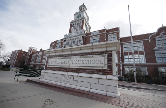 FILE — Denver East High School in Denver on April 17, 2019. (AP Photo/David Zalubowski, File)
