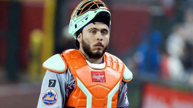 May 5, 2025; Phoenix, Arizona, USA; New York Mets catcher Francisco Alvarez against the Arizona Diamondbacks at Chase Field. Mandatory Credit: Mark J. Rebilas-Imagn Images