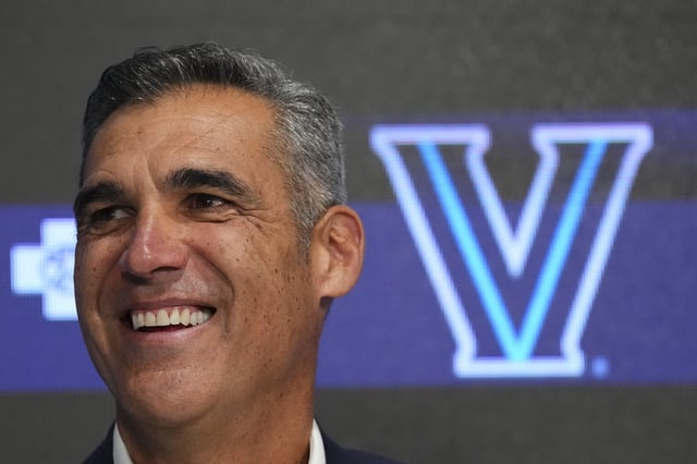 VILLANOVA, PA - FEBRUARY 08: Former Villanova Wildcats head coach Jay Wright smiles during a press conference prior to the game against the DePaul Blue Demons at Finneran Pavilion on February 8, 2023 in Villanova, Pennsylvania. (Photo by Mitchell Leff/Getty Images)