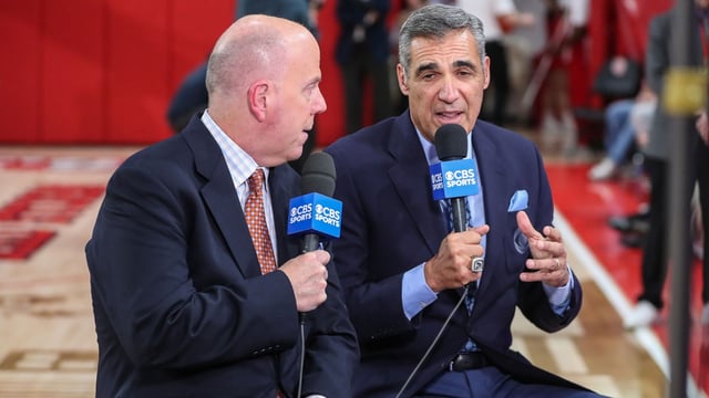 Dec 6, 2023; Queens, New York, USA;  CBS Sports broadcaster Tom McCarthy (l) and former Villanova Wildcats head coach Jay Wright (r) at Carnesecca Arena. Mandatory Credit: Wendell Cruz-USA TODAY Sports