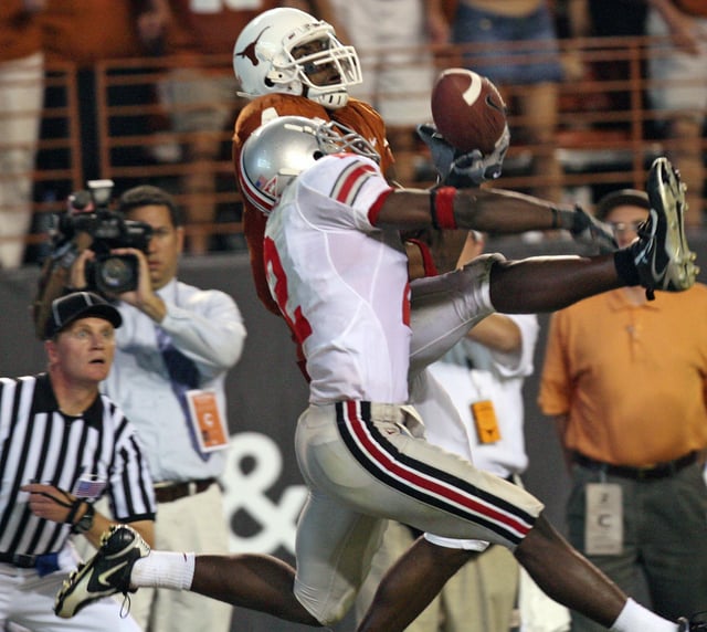 Texas receiver Limas Sweed can't come down with the touchdown reception in third quarter against Ohio State's Malcolm Jenkins Saturday, Sept. 9, 2006, in Austin. For the first time since the Longhorns' loss to the Buckeyes to open the 2006 season, there will be a matchup between teams ranked No. 3 or higher in the first month of the season when Texas and Ohio State meet Saturday.