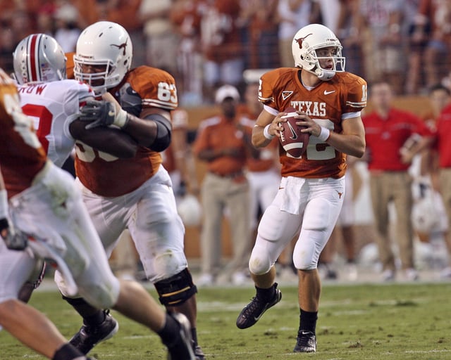 Former Texas quarterback Colt McCoy looks to pass from behind protection against Ohio State September 9, 2006. For the first time since the Longhorns' loss to the Buckeyes to open the 2006 season, there will be a matchup between teams ranked No. 3 or higher in the first month of the season when Texas and Ohio State meet Saturday.