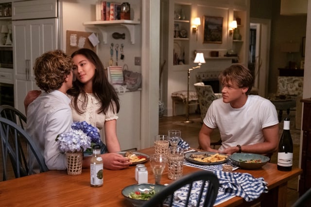 Gavin Casalegno as Jeremiah, Lola Tung as Belly, and Christopher Briney as Conrad in season 3 of "The Summer I Turned Pretty."