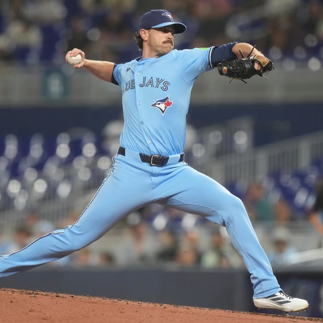 Toronto Blue Jays starting pitcher Shane Bieber aims a pitch during the first inning of a game against the Miami Marlins, on Aug. 22.