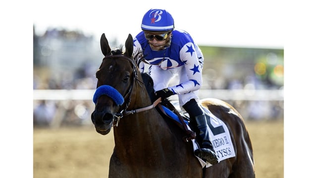 Nysos and jockey Flavien Prat win the San Diego Handicap on July 26, 2025, at Del Mar Thoroughbred Club. (Benoit Photo)