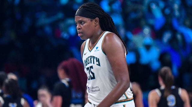 Aug 21, 2025; Brooklyn, New York, USA; New York Liberty center Jonquel Jones (35) reacts during the second half against the Chicago Sky at Barclays Center. Mandatory Credit: John Jones-Imagn Images