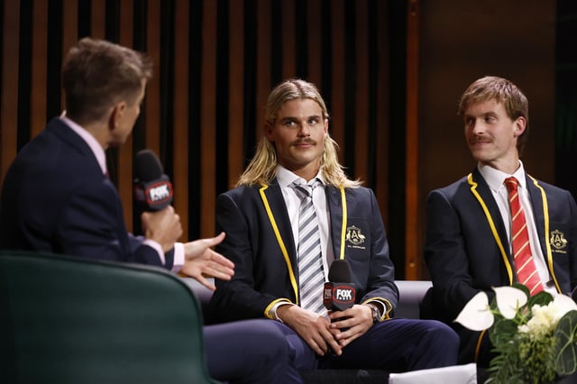 MELBOURNE, AUSTRALIA - AUGUST 28: Bailey Smith of the Cats is interviewed after being named in the AFL All-Australian Team during the 2025 AFL Awards at Centrepiece on August 28, 2025 in Melbourne, Australia. (Photo by Michael Willson/AFL Photos via Getty Images)