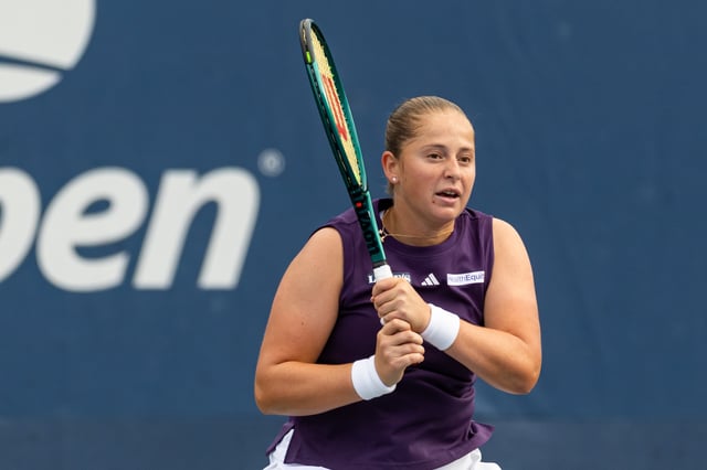 Aug 27, 2025; Flushing, NY, USA; Jelena Ostapenko of Latvia in action against Taylor Townsend of the United States in the second round of the women’s singles at the US Open at Billie Jean King National Tennis Center. Mandatory Credit: Mike Frey-Imagn Images
