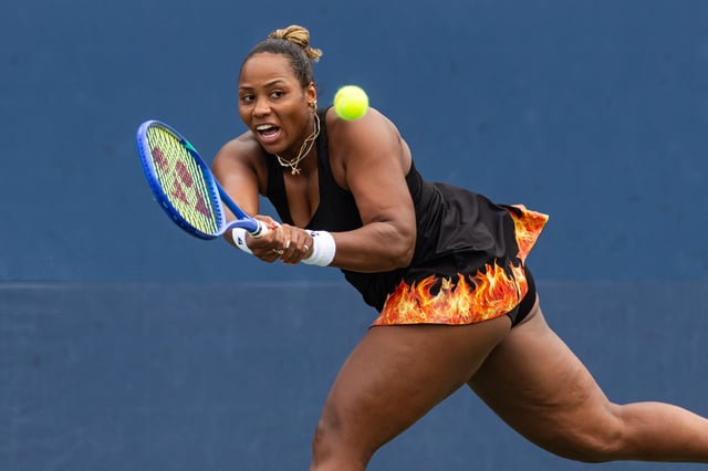 Aug 27, 2025; Flushing, NY, USA; Taylor Townsend of the United States in action against Jelena Ostapenko in the second round of the women’s singles at the US Open at Billie Jean King National Tennis Center. Mandatory Credit: Mike Frey-Imagn Images