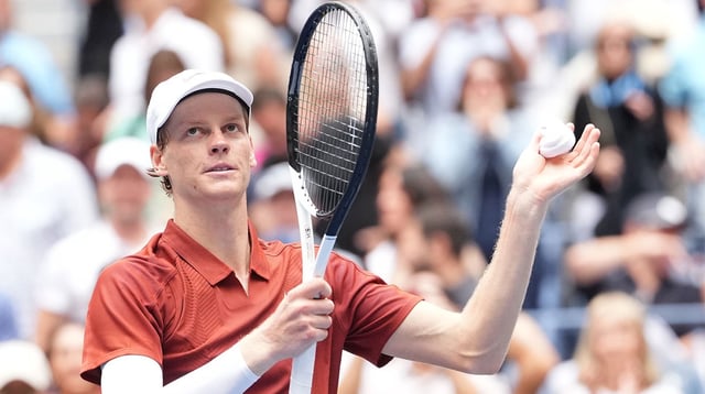 Aug 28, 2025; Flushing, NY, USA; Jannik Sinner (ITA) reacts after beating Alexei Popyrin (AUS) (not pictured) on day five of the 2025 U.S. Open tennis tournament at the USTA Billie Jean King National Tennis Center. Mandatory Credit: Robert Deutsch-Imagn Images