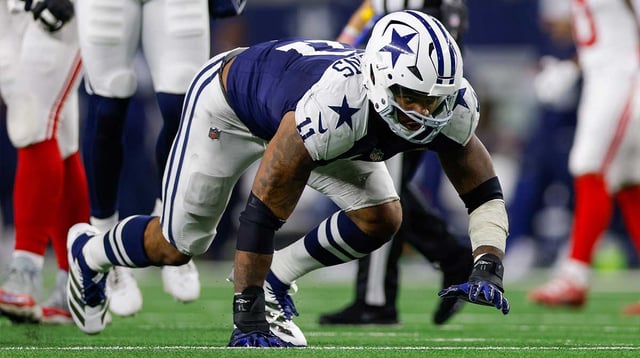 Nov 28, 2024; Arlington, Texas, USA; Dallas Cowboys linebacker Micah Parsons (11) celebrates after a sack during the third quarter against the New York Giants at AT&T Stadium. Mandatory Credit: Andrew Dieb-Imagn Images